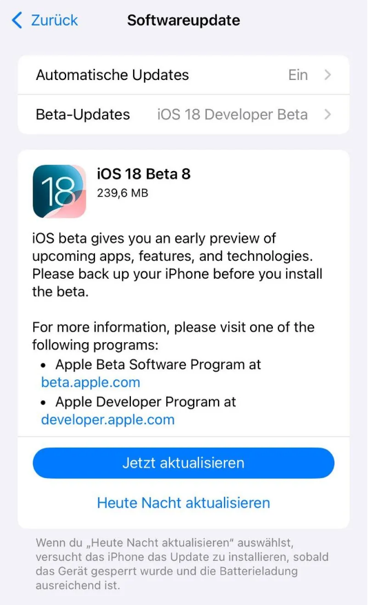 鄄城苹果手机维修分享苹果 iOS / iPadOS 18 开发者预览版 Beta 8 发布 